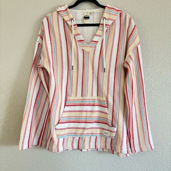 Roxy Colorful Striped Summer Beach Poncho Hoodie, Size Large - Picture 2 of 12